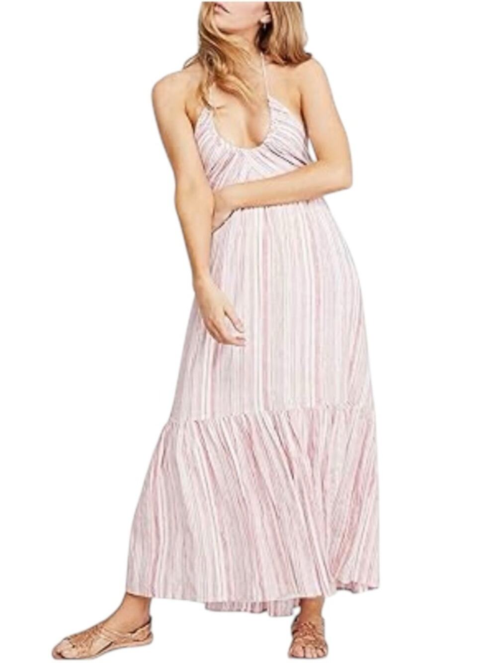 Free People Audrey Halter Red Striped Maxi Dress MEDIUM